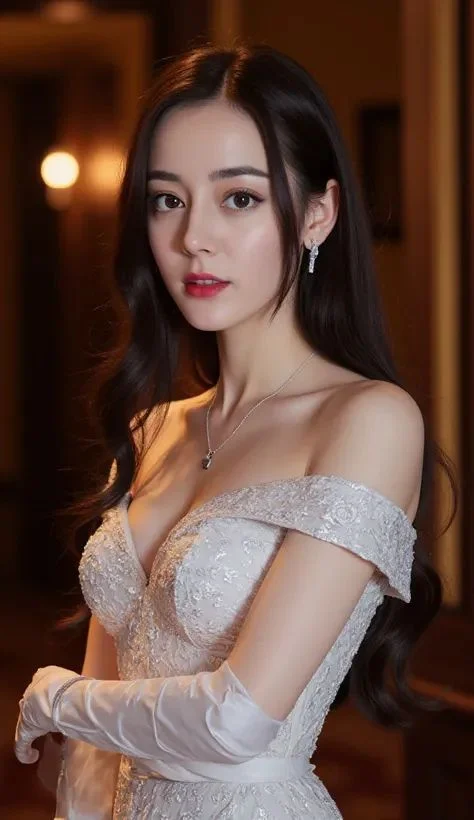 AI Girl Prompt - 女子身穿白色露肩蕾丝婚纱